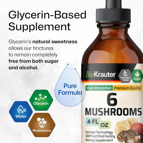 BIO KRAUTER 6 Mushrooms Supplement 6-in-1 - Lions Mane, Shiitake,Turkey Tail, Cordyceps, Reishi & Chaga Liquid Extract - Mushroom Complex Tincture...