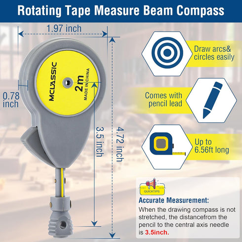 Dreyoo 6.56 ft Rotape Tape Measure Compass with 10 Pencil Leads, Measure Beam Compass for Drawing Circles and Lines, Retractable Circle Drawing To...
