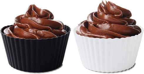 Fox Run Reusable Silicone Cupcake and Muffin Wrappers, Set of 12 Scalloped Black and White Bake Cups...