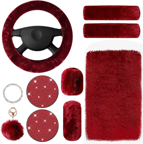 10 Pieces Fluffy Steering Wheel Covers Handbrake Cover Seat Belt Shoulder Pads Gear Shift Cover Diamond Ignition Ring Ball Key Chain Armrest Box M...