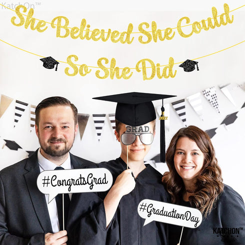KatchOn, She Believed She Could So She Did Banner - Glitter 10 Feet, No DIY | Gold and Black You Did It Banner, Graduation Decorations 2025 | Medi...