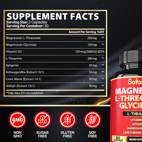 Satoomi 8in1 Magnesium L-Threonate and Glycinate - Plus Ashwagandha, Lions Mane Vitamin D3 and More - Supports Brain Health & Memory - 60 Count...