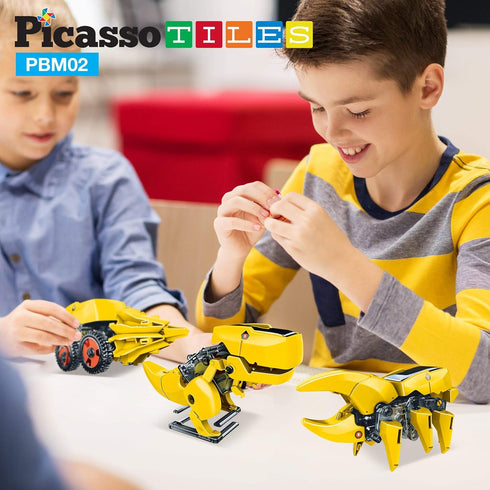 PicassoTiles STEM Kids Solar Powered Dinosaur Robot Educational Learning Engineering Building Toy 3-in-1 Creative Unique Transformation Renewable ...