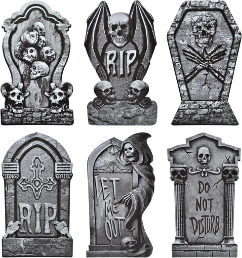 6-Piece Halloween Tombstone Yard Signs with Stakes - Large Eerie Graveyard Design, Spooky Skulls and RIP Messages for Haunted House, Outdoor Garde...