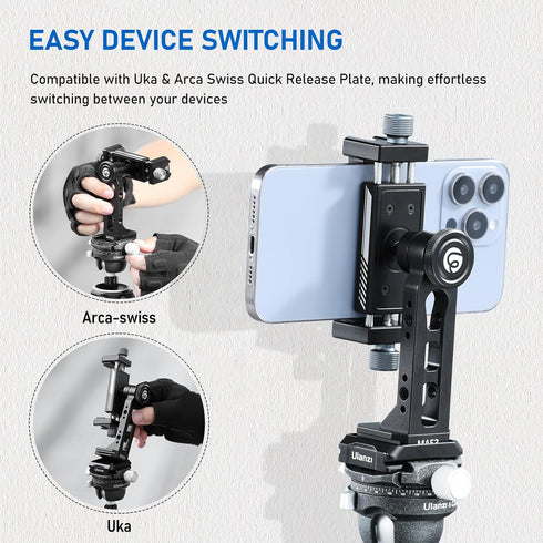 Ulanzi MA53 Metal Phone Tripod Mount Adapter with Arca Swiss/Uka Interface, 2 Cold Shoe, 360° Swivel Cellphone Tripod Adapter, iPhone Sumsang Hold...