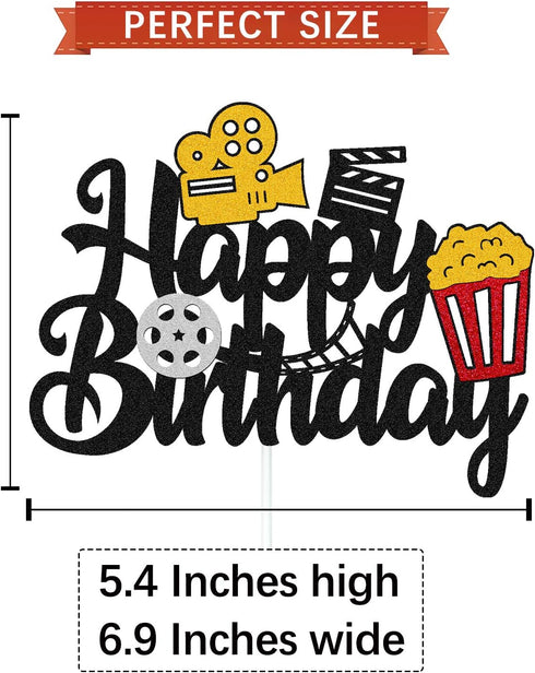 Film Cake Topper Movie Cinema Birthday Cake Decoration Happy Birthday Sign Cake Decor for Film Projector Movie Night Camera Popcorn Theater Theme ...