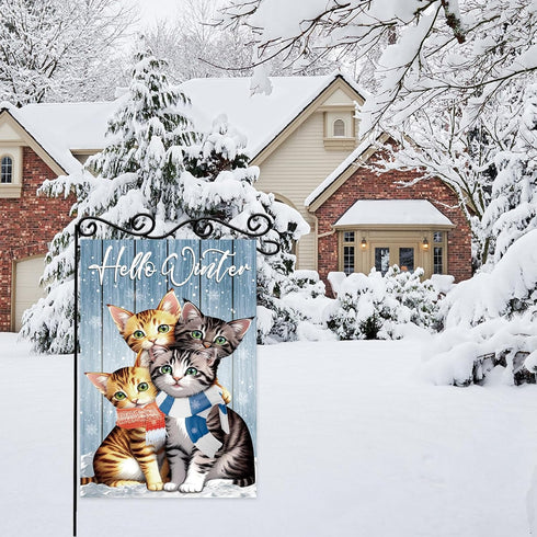 Cat Hello Winter Scarf Snowy Small Decorative Garden Flag,Cute Outdoor Blue Garden Flag,Snow Christmas Holiday Outside Decorations Yard Flag,Chris...