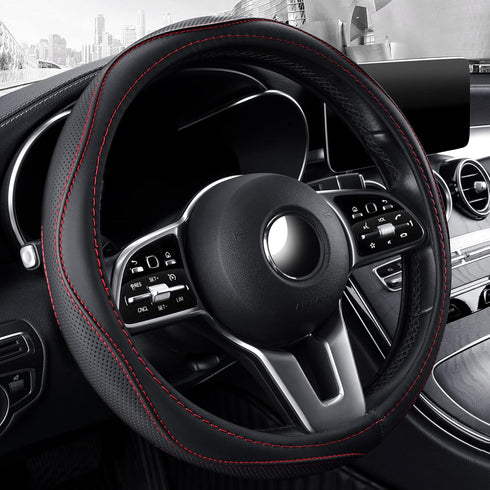 Microfiber Leather 15" Universal Fit Car Steering Wheel Cover, Elastic Breathable and Odorless, Black with Red Accent...