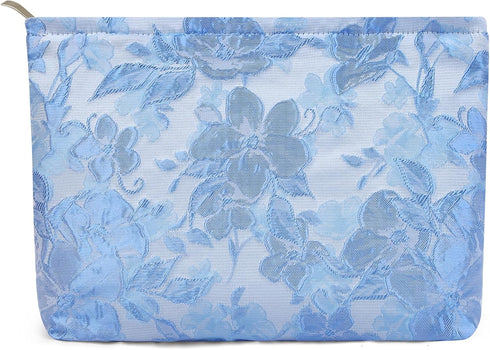MAGEFY Cosmetic Bag for Women Small Makeup Bag Floral Makeup Bag Canvas Zippered Makeup Pouch Blue...
