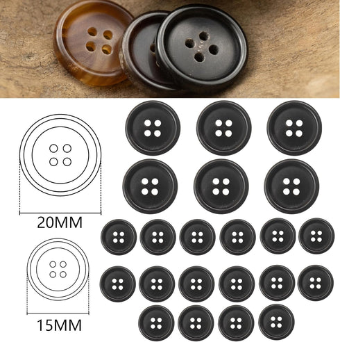 22 Pieces Real Horn Buttons Set for Blazer and Suit, 20mm 15mm Mixed Genuine Buttons for Men Women's Jacket Coat Uniforms (Black)...