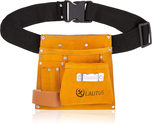 LAUTUS Suede Tool Bag & Adjustable Poly Web Belt | 5 Pockets | Leather Hammer Holder| Tape Measure Holder| Construction Grade|...