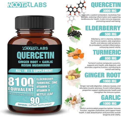 All-in-1 8100mg Highest Potency Quercetin, Elderberry, Turmeric, Reishi Mushroom, Vitamin C, D, Ginger Root, Zinc, Nettle Leaf - Immune, Energy, A...