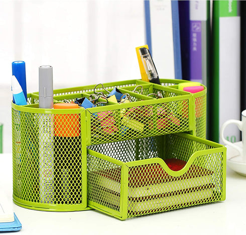 VANRA Metal Mesh Desk Supply Caddy Desktop Office Supplies Organizer Supply Holder 8 Compartments with Drawer (Green)...