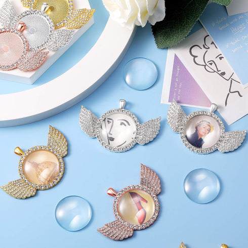 27 Pieces Rhinestone Wing Bezel Pendant Trays and Glass Cabochons and Lobster Clasps Chains Rhinestone Bezel Pendant Trays Set for DIY Jewelry Cra...