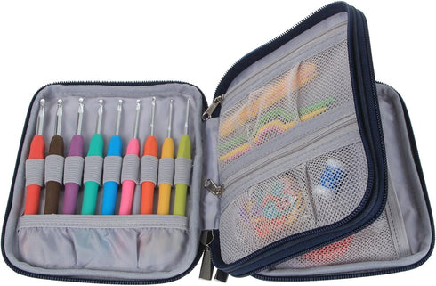 Teamoy Crochet Hook Case - Empty Organizer with Multiple Pockets for Needles & Knitting Accessories, Cats Blue...
