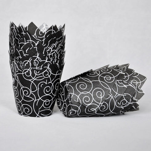 Muffin Greaseproof paper Baking cupcake cups, 2"(Bottom diameter) x 3-1/2"(Height) Black Fancy Floral Print Tulip Baking Cup Case of 125 pcs (125,...