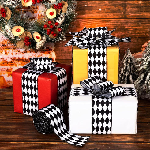 2 Rolls Christmas Checkered Ribbon Black and White Check Ribbon Diamond Check Wired Edge Ribbon Diamond Pattern Decorative Ribbons for Christmas F...