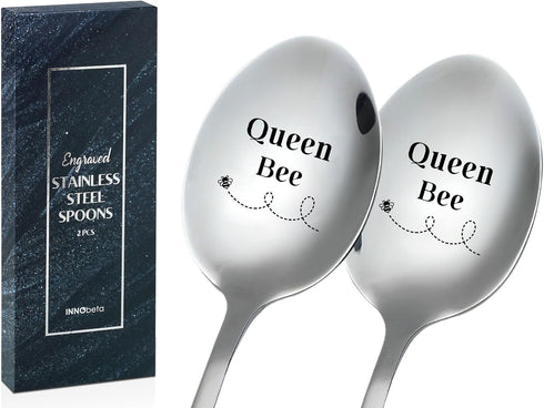 INNObeta Bee Gifts for Women, Engraved Ice Cream Spoons, 2 Pcs Stainless Steel Coffee Spoon, Queen Bee...
