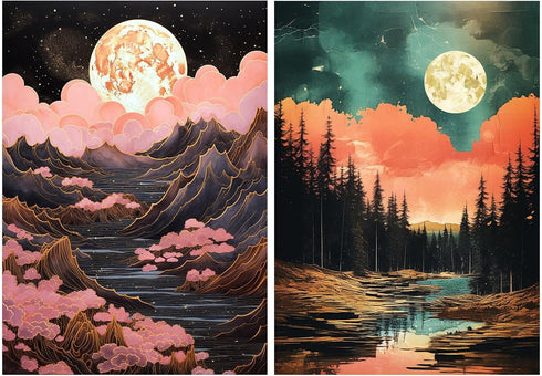 YOYA 2 Pack 5D Diamond Art Painting Kits, Diamond Painting Mountain Kits, Landscape Moon Diamond Art Kits for Adults, Abstract Scenery Paint with ...