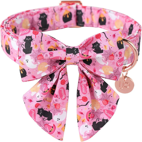 Halloween Dog Collar with Bow Tie & Flower, Cotton Bowtie & Flower Dog Collar for Boys or Girls Dogs, Cute Pink Comfortable Pet Collar with Metal ...