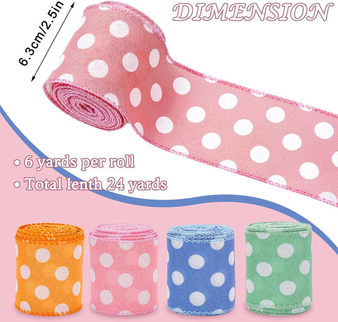 AnyDesign Polka Dots Wired Edge Ribbon 24 Yards Green Purple Pink Orange Dots Fabric Craft Ribbon for Easter Birthday Baby Shower Spring Gift Wrap...