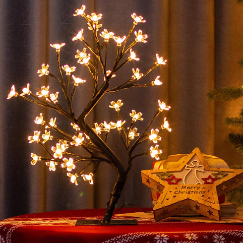 PEIDUO 17.5 Inch Lighted Cherry Blossom Tree, 48 Warm White Lights Plug in Adapter, Light up Bonsai Tree for Christmas Indoor Home Bedroom Living ...
