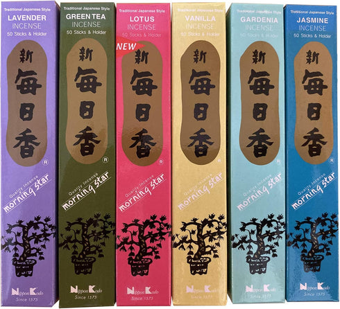 Nippon kodo Morning Star Incense Set of 6 (Lotus, Vanilla, Lavender, Jasmine, Green Tea and Gardenia), 50 Sticks in Each Scent - Traditional Japan...
