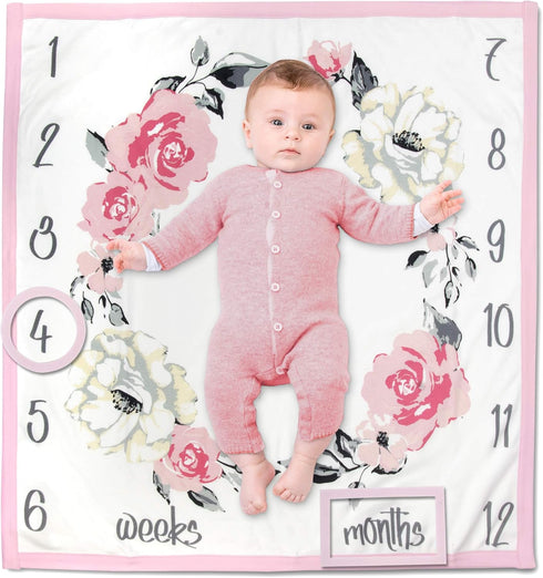 Baby Weekly, Monthly Milestone Blanket for Baby Boys and Girls with Month & Week Markers for Swaddling and Baby Photo Props (Floral Roses)...