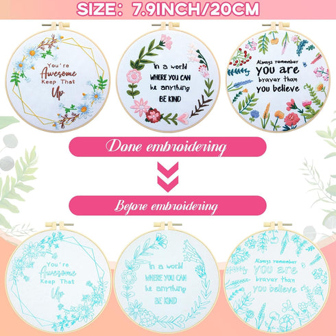 5 Sets Inspired Quote Embroidery Kit for Beginner Adult Motivational Embroidery Starter Kit Floral Cross Stamped Needlepoint Kit Embroidery Hoops ...