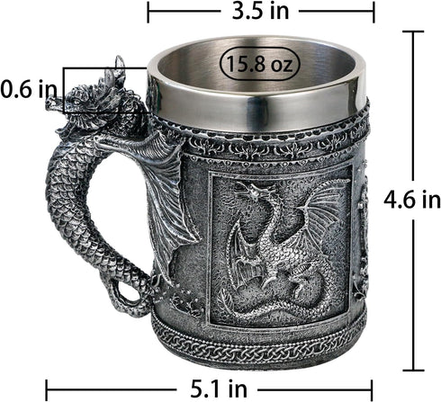 Medieval Roaring Dragon Mug - Dungeons and Dragons Beer Stein Tankard Drink Cup - 15.8oz Stainless Coffee Mug for GOT Dragon Lovers Collector Idea...