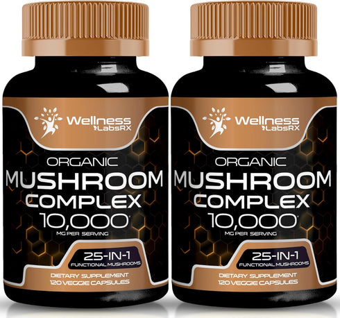 Organic Mushroom Supplement Capsules - 10000mg - 25 in 1 Mushroom Complex Capsules, Lion's Mane mushroom Capsules - Turkey Tail Mushroom Capsules,...