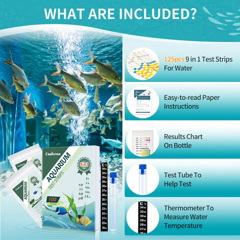 9 in 1 Aquarium Test Kit for Freshwater and Saltwater - 100 Aquarium Test Strips with Test Tube & Thermometer - Fast & Accurate Water Testing Stri...