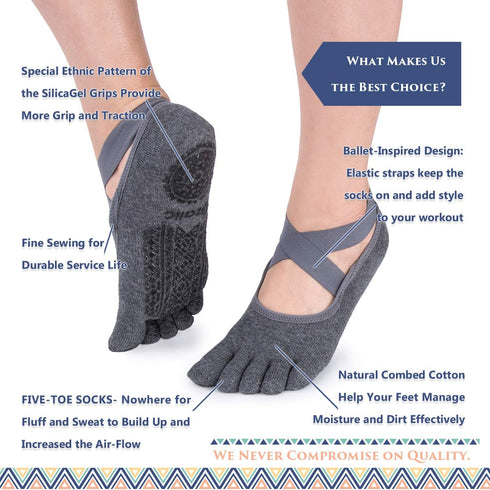 Ozaiic Yoga Socks for Women with Grips, Non-Slip Five Toe Socks for Pilates, Barre, Ballet, Fitness...