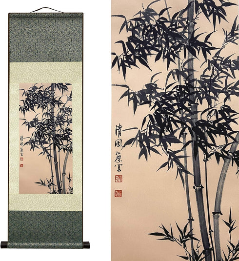 AtfArt Asian Wall Decor Beautiful Silk Scroll Painting Bamboo Leaf Plant - Ancient Bamboo Oriental Decor Chinese Art Wall Scroll Wall Hanging Pain...