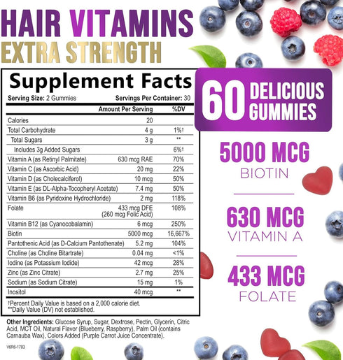 Hair Growth Supplement Gummy for Stronger, Radiant Hair, Skin & Nails - Hair Vitamins with Biotin 5000 mcg and Vitamin E & C, Nature's Extra Stren...