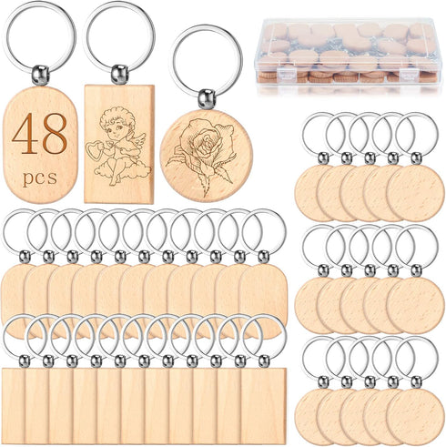 24 Pcs Wooden Keychain Blanks Wood Engraving Blanks Key Chain Unfinished Rectangle Oval Round Wood Key Tag with Plastic Storage Container for DIY ...