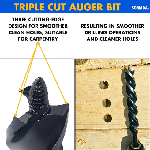 3/4-Inch x 7-1/2-Inch Triple-Cut Black Auger Drill Bit for Wood, Quick Change Hex Shank 3/8-Inch, Precision Drilling in Soft and Hard and Wood for...