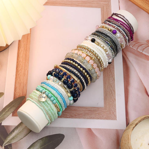 LOYALLOOK 6 Sets Bohemian Stackable Bead Bracelets for Women Stretch Bohemian Style Stretch Multilayered Boho Bracelet Set...