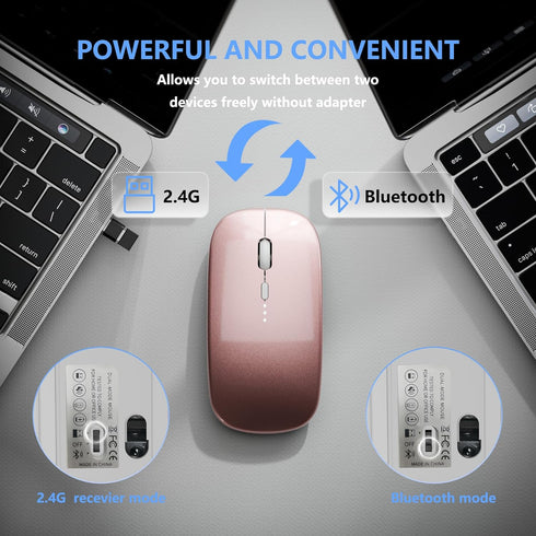 Slim Rechargeable Wireless Silent Mouse – 2.4G Wireless & Bluetooth Technology - Flexible Connection Modes via Bluetooth, USB or Type C for Laptop...