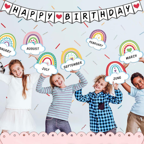65 Pcs Birthday Bulletin Board Set Rainbow Classroom Happy Boho Birthday Chart Cutouts Decorations Decor Board for Classroom Home Calendar Bulleti...