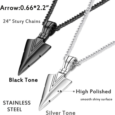Jstyle Stainless Steel Pendant Necklace For Mens Cool Spearpoint Arrowhead Pendant Chain Necklace Set Black & Silver Tone...