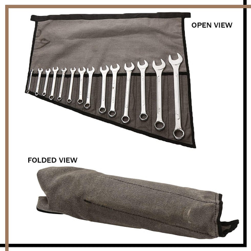 Wrench Pouch 14 Pockets Metric & Standard Wrench Organizer & Roll Up Pouch Hand Made 100% Dyed Cotton Duck Canvas Tool Bag - Washed Black/Grey...