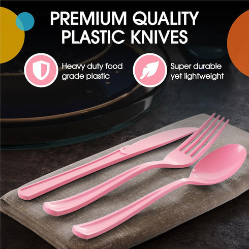 Exquisite Disposable Pink Plastic Knives 50 Pcs - Heavy Duty Pink Plastic Disposable Cutlery - Pink Disposable Flatware, Pink Plastic Silverware, ...