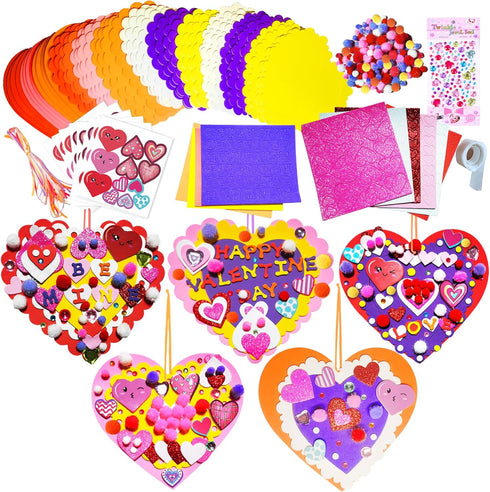 MLOLM 24 Sets Valentines Hearts Foam Craft Kits DIY Heart Ornaments Valentine Craft Kits with Foam Hearts Stickers Glitter Pom-Poms for Valentine ...