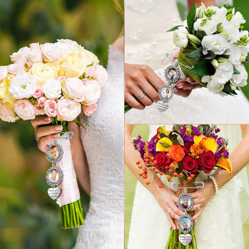 2 Pcs Bouquet Charms for Wedding Memory, Wedding Bouquet Photo Charms with 4 Pcs Oval Glass Cabochons for Bridal Shower, You Are Always in My Hear...