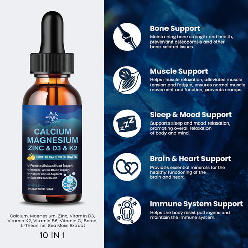 (2 Pack) 10 in 1 Calcium Magnesium Zinc D3 K2 Supplement, Liquid Drops with Vitamin D Vegan Calcium Citrate Magnesium Glycinate, Bone & Immune Sup...