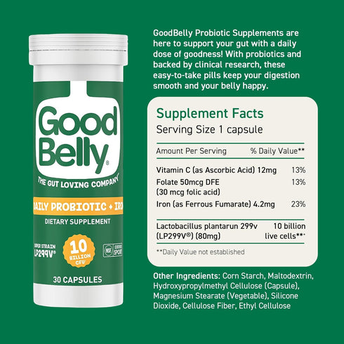 GoodBelly Probiotic Capsules for Digestive Health & Iron Absorption | Vegan Probiotic Supplement with 10 Billion Live Cultures | Probiotics for Wo...