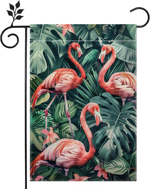 Flamingo Garden Flag, Pink Flower Tropical Palm Tree Flag, 12x18 Inch Double Sided Burlap, Welcome Summer Garden Flags, Porch Lawn Flag, Outdoor Y...