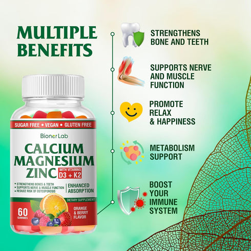 Calcium Magnesium Zinc Gummies with Vitamin D3 & K2 - High Potency Enhanced Absorption - Orange and Berry Flavored...
