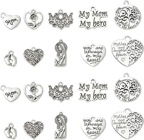 UR URLIFEHALL 100 Pcs Mother's Day Charms Heart Tibetan Charms Tibetan Antique Silver Charms Pendants for DIY Supplies Accessories...